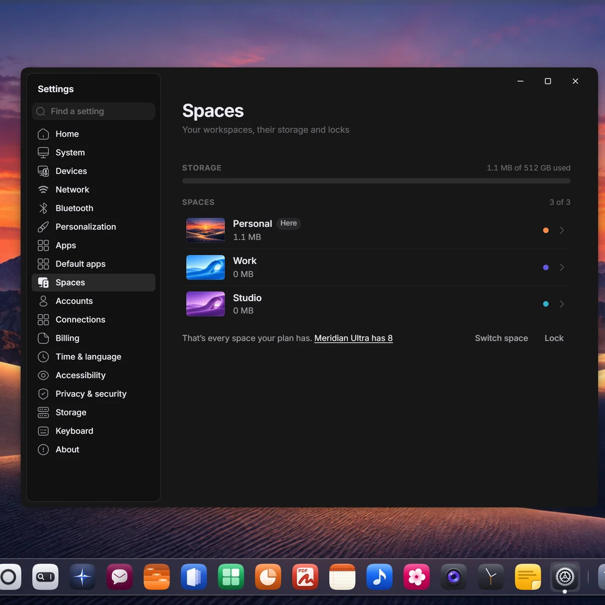 Settings showing three spaces: Personal, Work and Studio.